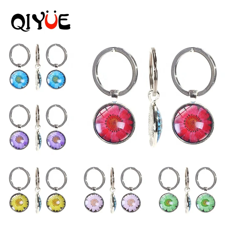 Colored Preserved Flower Metal Backing Single Side Crystal Glass Keychain