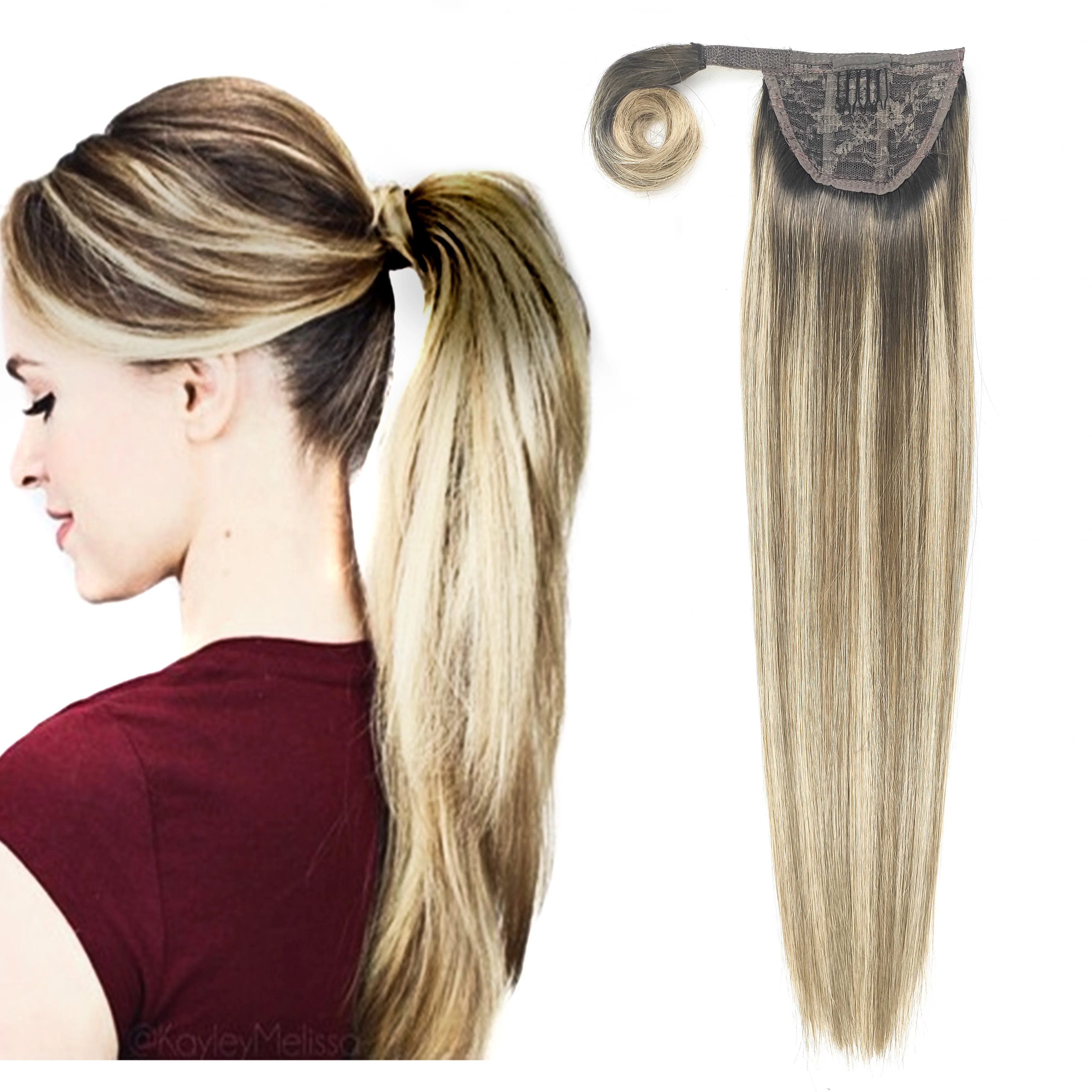 Remy Human Hair Extension Natural Human Hair Straight Blonde Ponytail Long Clip Ponytail