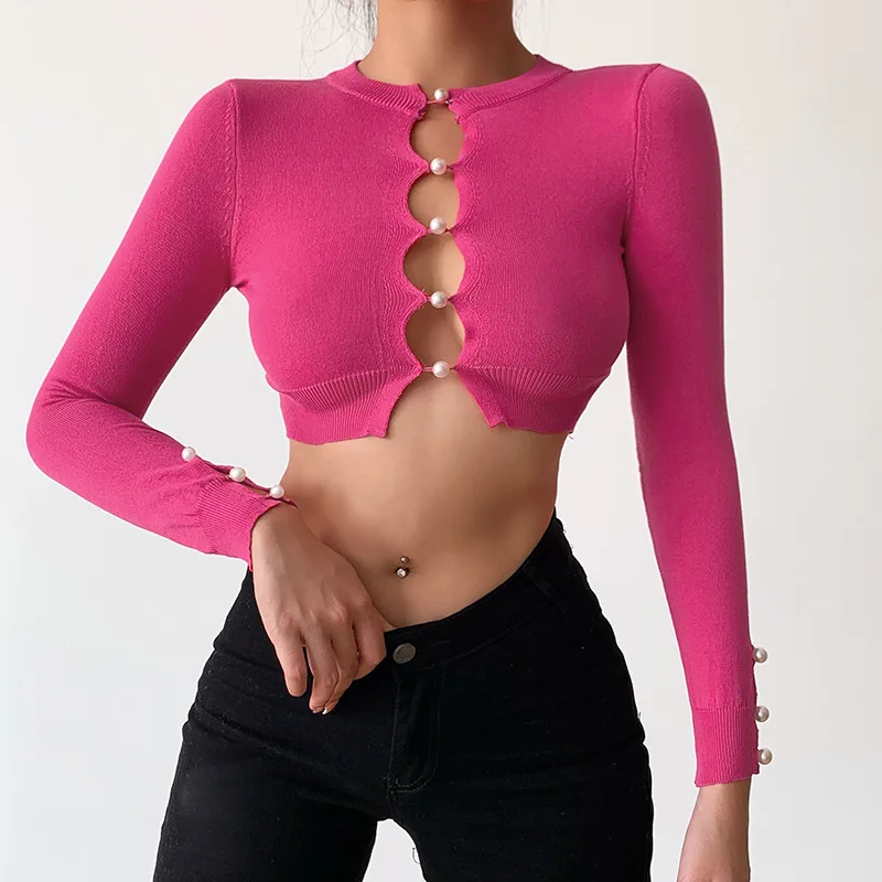 New pearl button sexy crew-neck cardigan Knit Top Clothing Ladies Sweater Long Sleeve Elastic Soft Women Cardigans