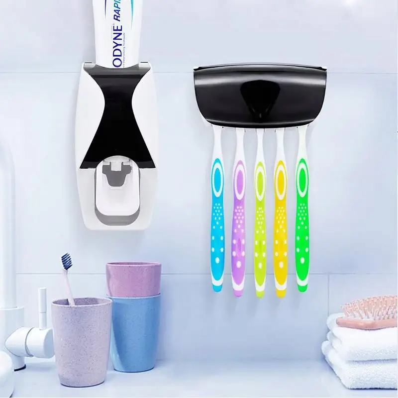 In Stock Hot Sale Dustproof Automatic Toothbrush Dispenser Toothpaste Squeezer Kit Wall Mount Bathroom Set Toothbrush Holder