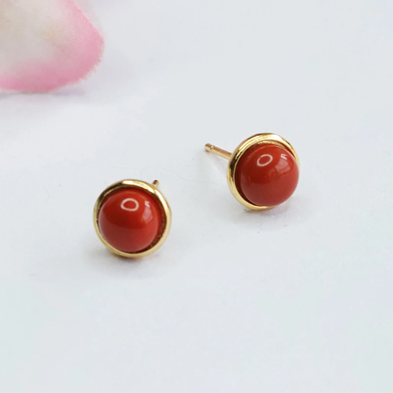 Gold Plated S925 Silver Gemstones Earrings Precious Stone Southern Red Agate Stud Earrings Jewelry Stone Round Shape Earrings