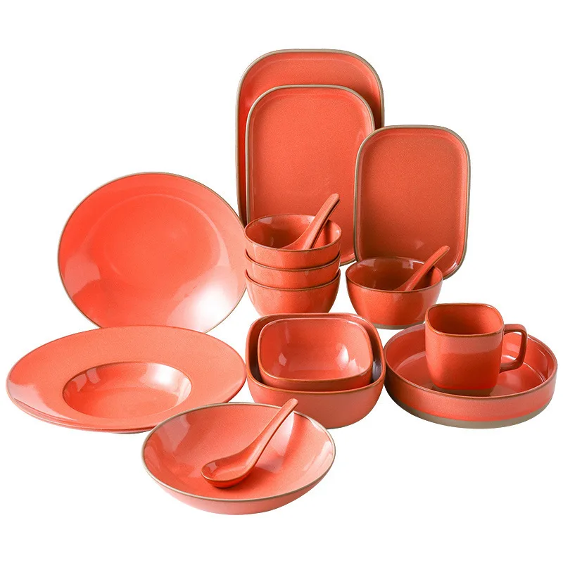 Restaurant Dinner Set Porcelain Crockery Handmade Pottery Platos Cup Stoneware Plate Bowl Durable Orange Color Ceramic Tableware