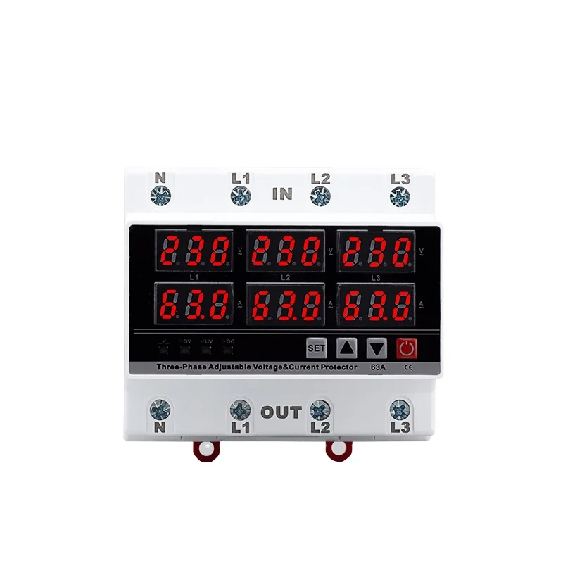 Open Electric 63A 220V400V AC Din rail three phases adjustable digital over voltage and under voltage protector