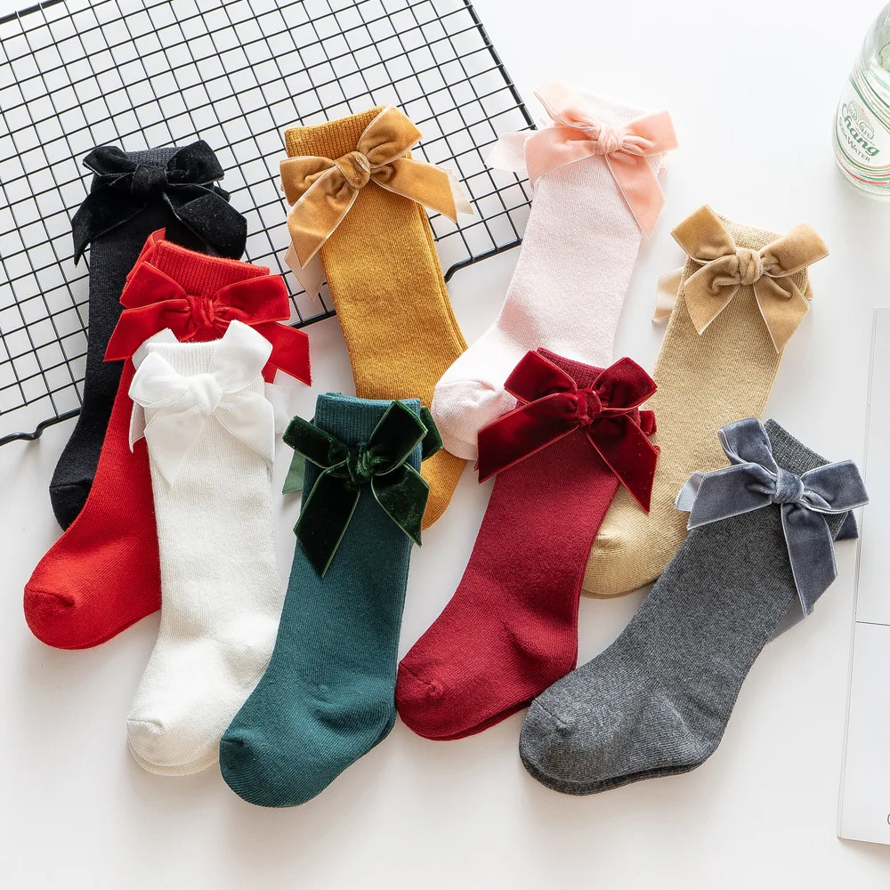 Kids princess socks solid velvet bowknot warm knee high socks baby girls socks
