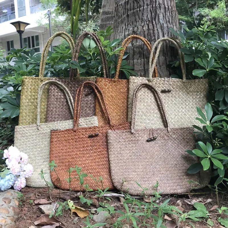 
Home Garden Seagrass Braided Flower Pot Woven Basket Rattan Basket Over Shoulder Straps Seagrass Flower Market Tote 