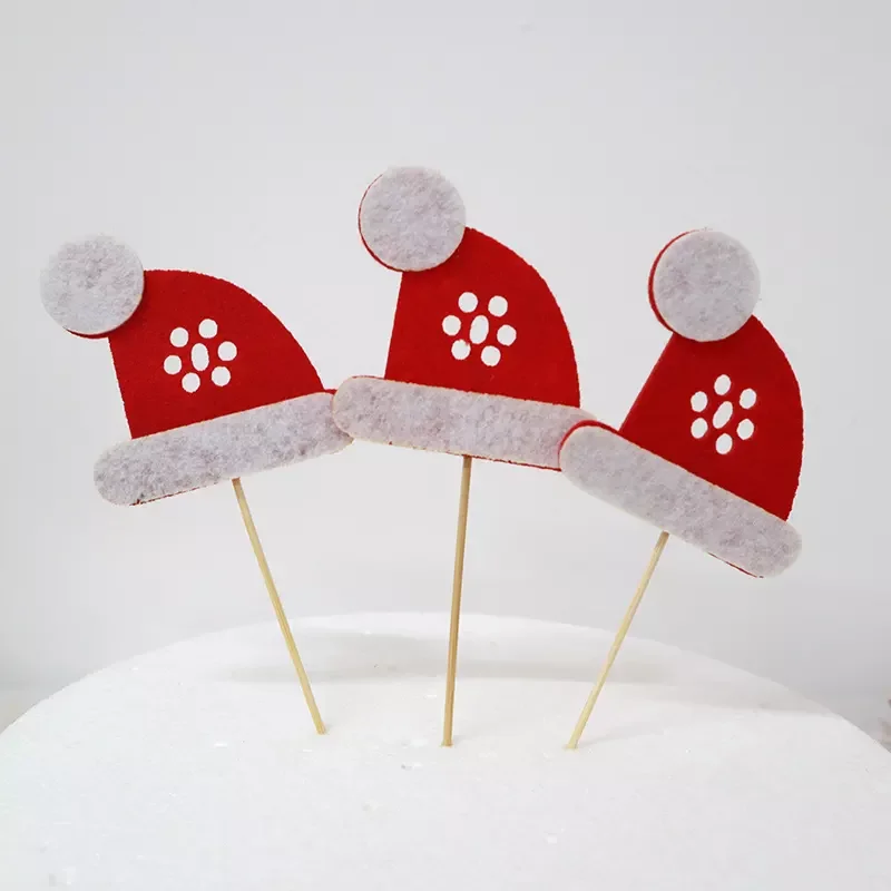 Wholesale Cheap red green Santa Elk Bells Gift Box Pine Snowman Hat Socks Cane Christmas Themed Felt Plug-In Cake Decoration