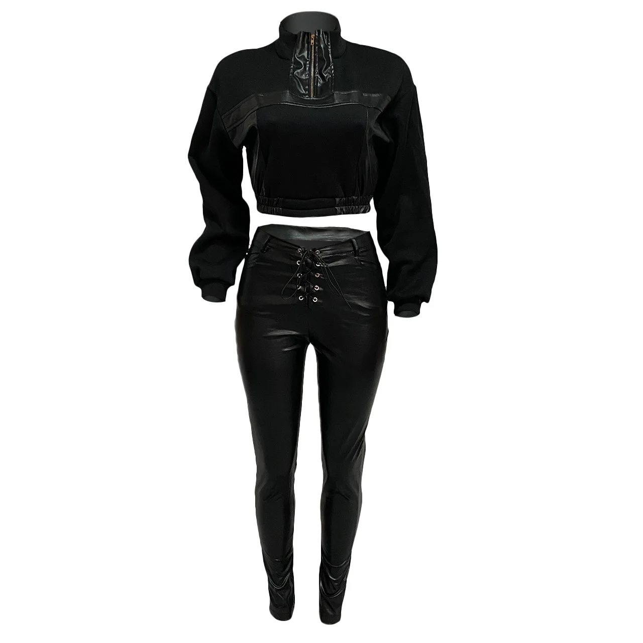 XLL High quality ladies skinny outfits black patchwork sexy leather set crop top PU pants 2pcs womens luxury clothing 2021