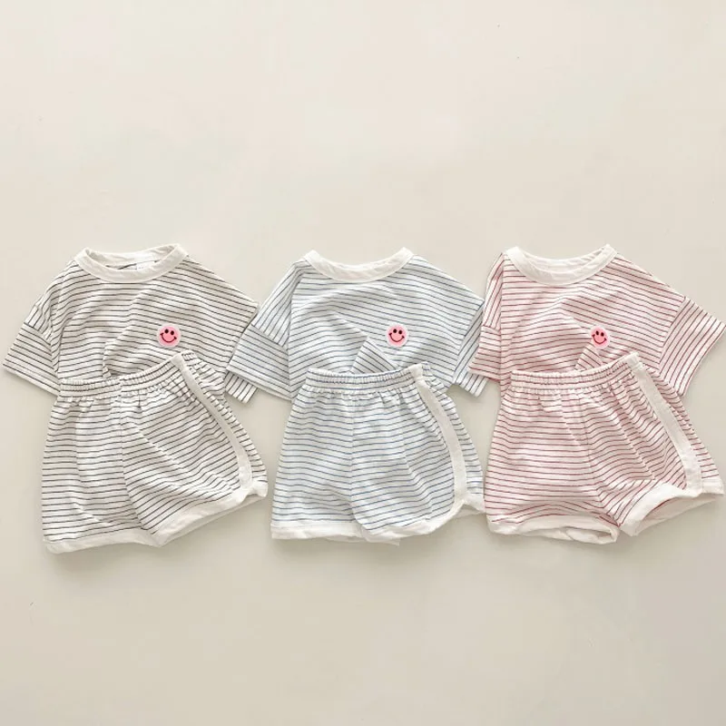 2022 Summer Korean INS Style Casual Simple Baby girls suit smiley printed stripe lovely toddler girl short sets for 1-6 years