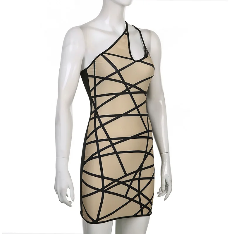 Sexy Print Ladies One Shoulder  Sleeveless Slim  One Piece Short Skirt Women dress causal dresses for women