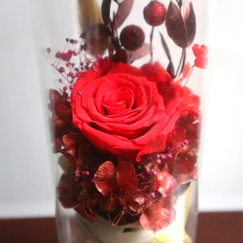 rainbow preserved rose flowers in glass wishing bottle with light in red colour single gift box wholesale for valentines