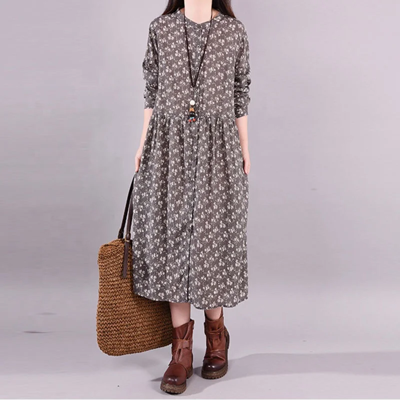 2020 Wholesale casual printed skirt stand collar fashion long sleeve plus size women dress