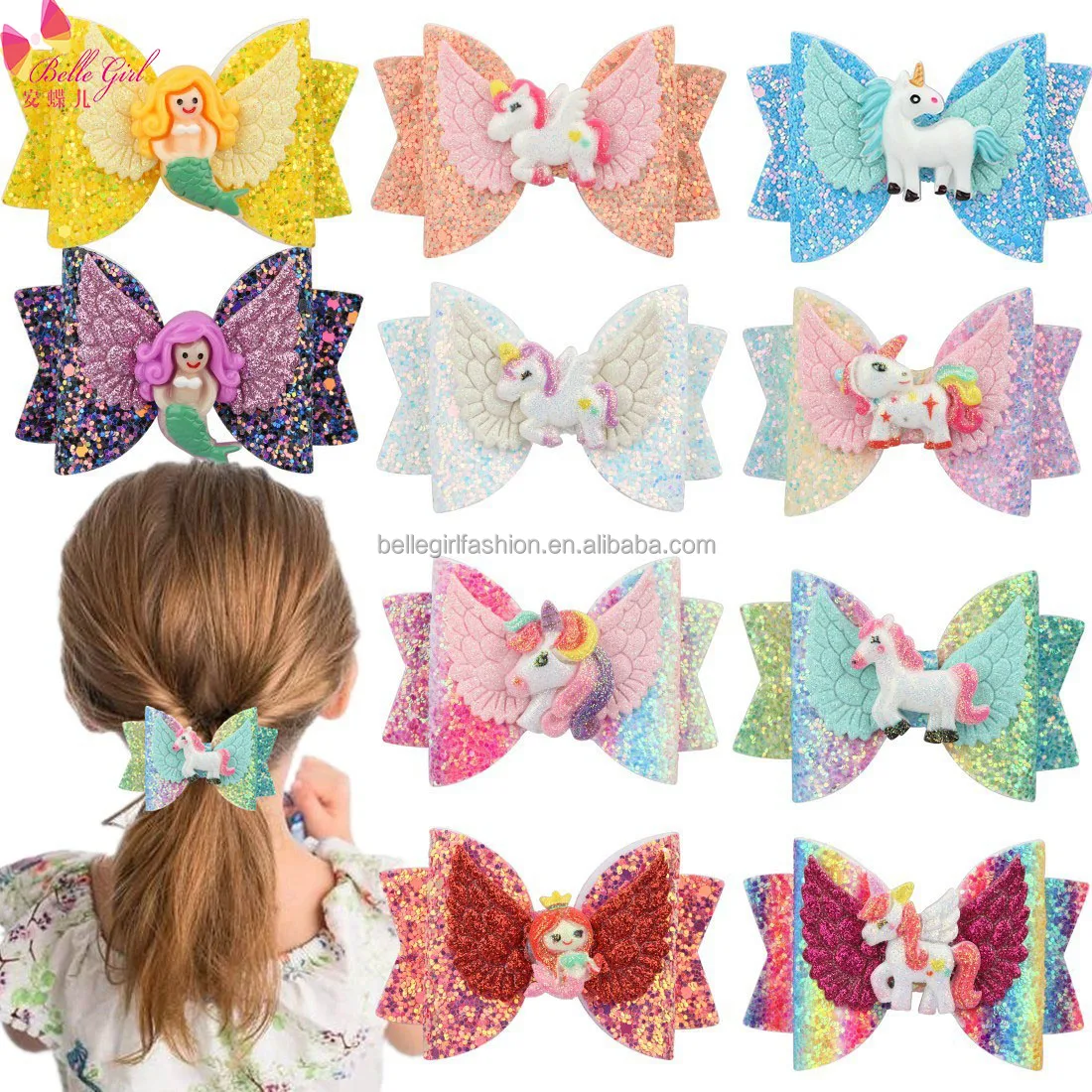 BELLEGIRL 2021 new design fashion kids bows hair accessories sequin princess cute sweet baby girls bow decorative hair pins