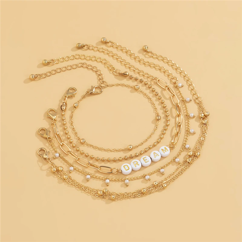  Wholesale Women Multi-layer Gold Plated Link Chain Bracelet Acrylic Letter Beads