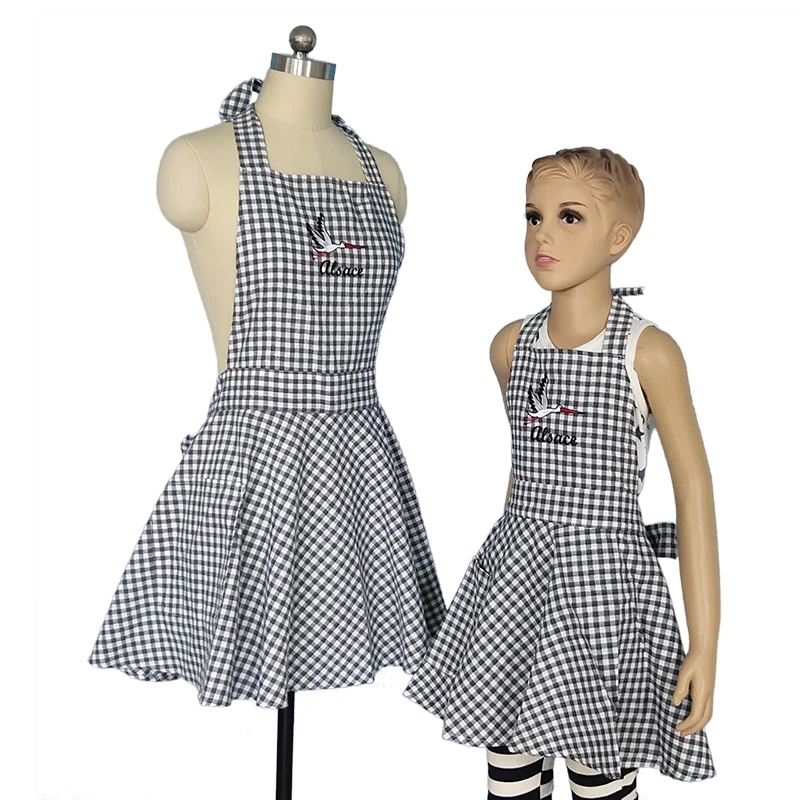 fancy model Adjustable adult or kids blue white plaid checks long dress bib Apron