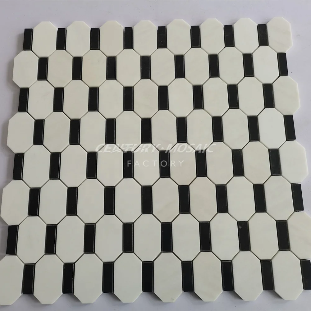 Century Mosaic Natural Stone Marble White Black Octagon Strip Mosaic Tile Flooring Wall