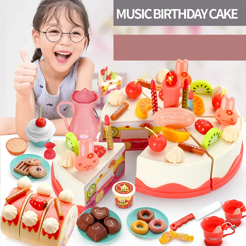 Kids Birthday Party Fake Pretend Cutting Cake Simulation Music DIY Cake Toy with Candles