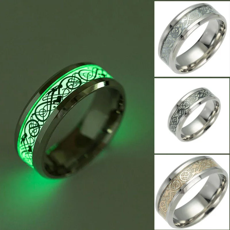 
Green Glow In The Dark Dragon Texture Male Silver Ring Polishing Stainless Steel Ring Man 