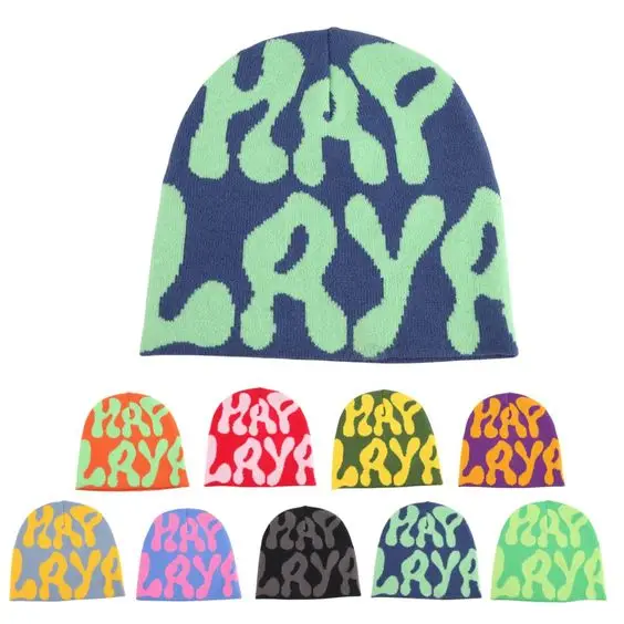 Customized Logo Winter Muts Hat All Over Digital Print Fold Cuffless Jacquard Knit toqu winter revers beani Pastel Beanie