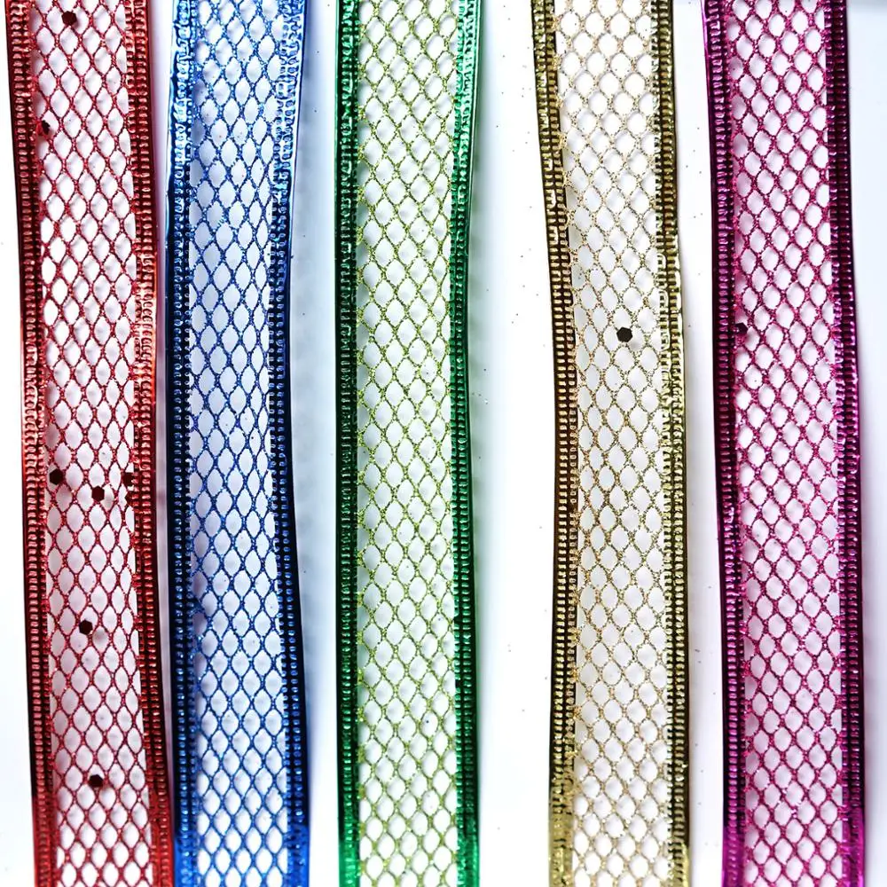 Bulk Red Metallic Flowers Wire Edge Mesh Wired Ribbon