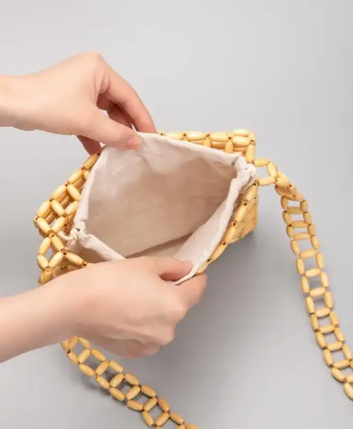 2024 Alibaba luxury new material wooden beads woman handbags crossbody, designer fashion lady handbags shoulder long strap