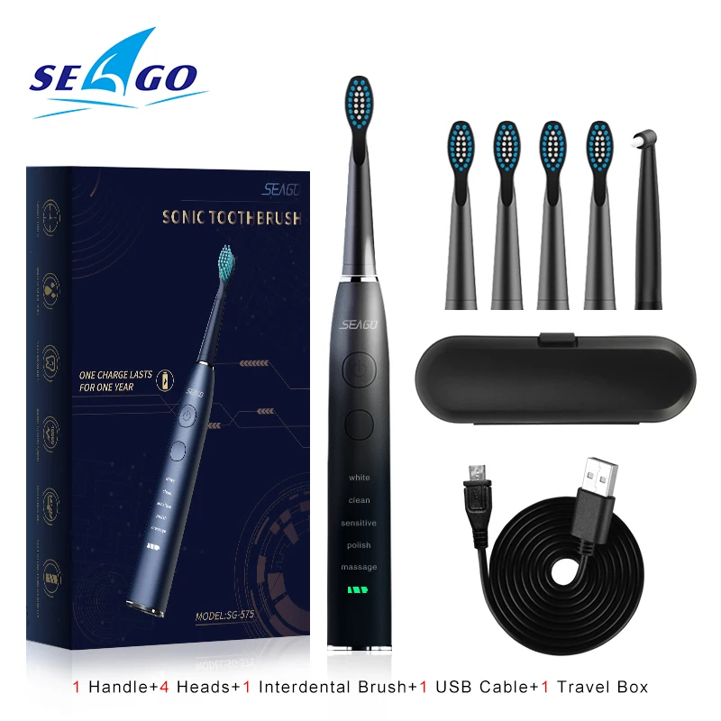  SEAGO SG575 оптовая продажа Sonic зубная щётка Перезаряжаемые 5 режимов чистки электрическая щетка с шт. сменные насадки для зубной щетки