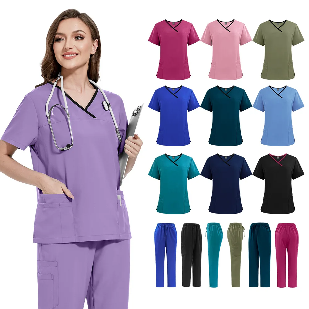 Elastic custom oem logo hospital split uniforms scrubs work wear dental nurse uniform suit women scrubs uniform suit