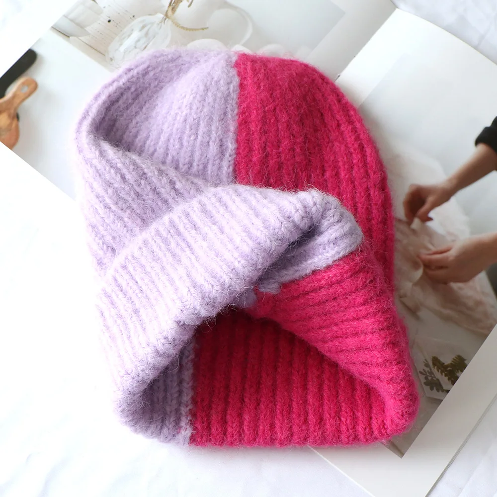 Hengxing fashionable custom knitted premium thick ribbed color block beanie hats