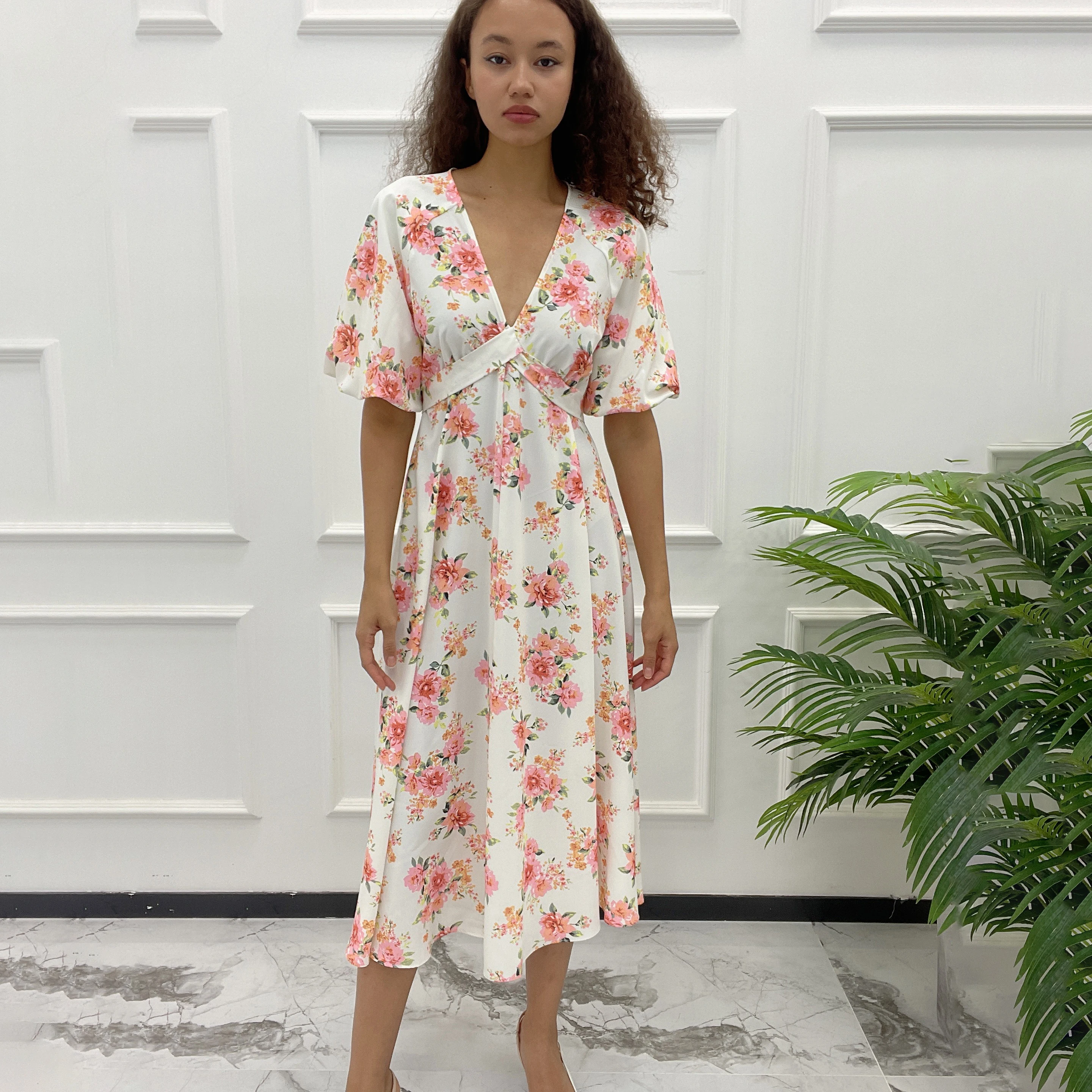 One piece spring summer v-neck lady print frock women short sleeve elegant chiffon casual long Floral dress