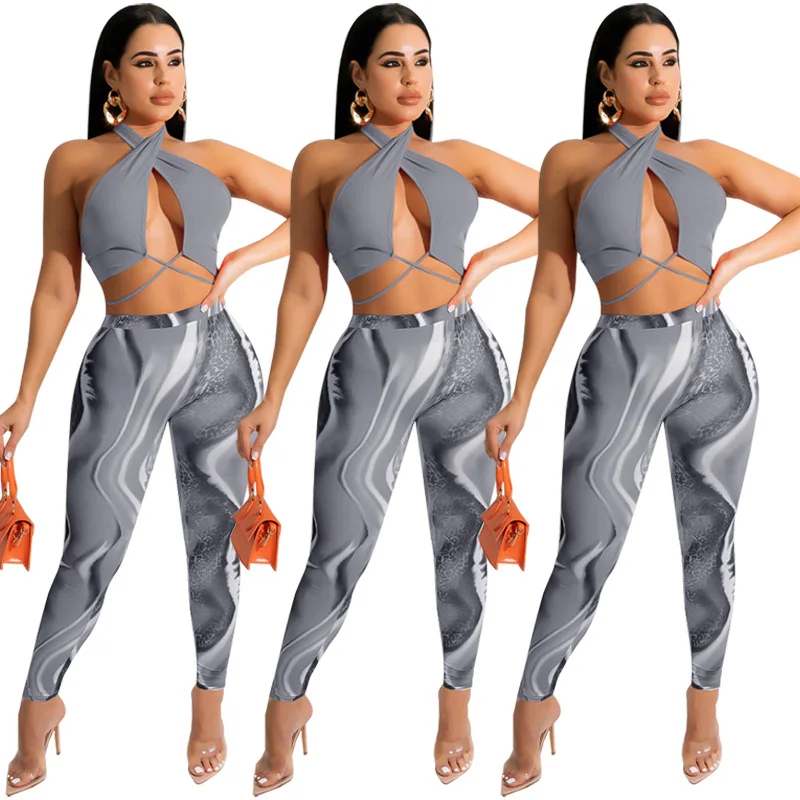 Latest Two Piece Set Cross Halter Sexy Wrap Top Lace Up Outfits Women Club Dresses 2 Piece Pants Set For Women Sexy