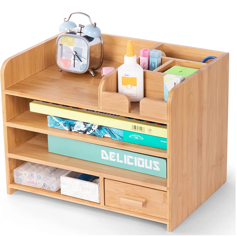 4 Tier Bamboo Desk Organizer with Drawers for Office Table Top Shelf