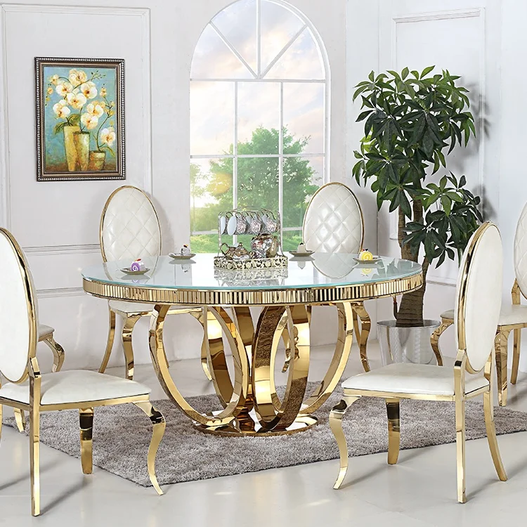Luxury Super White Glass Top Golden Stainless Steel Leg Centre Round Dining Table for Restaurant