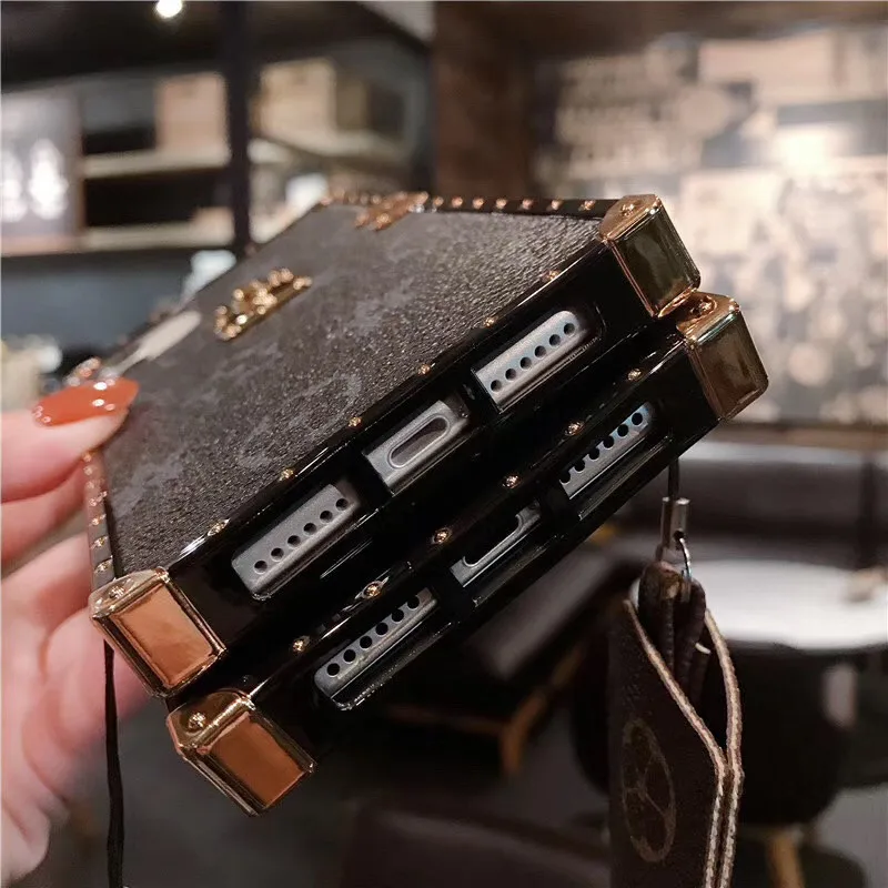 Brand Logo Wholesale Design Luxury Leather Square Mobile Phone Case Back Cover For 12 11 Pro Max Mini XR XS X 8 7 with Strap