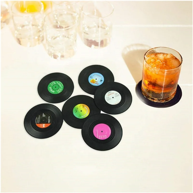 6 Pieces Custom Fashion Rubber Vinyl Record Retro Drink Coaster