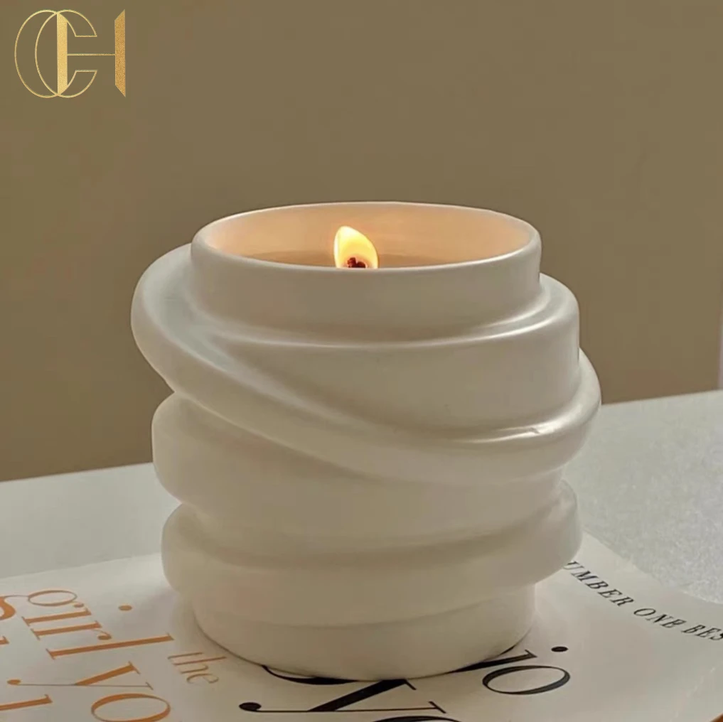 C&H luxury white ivory color candle with soybean wax cotton wick ceramic cement candle with fragrance