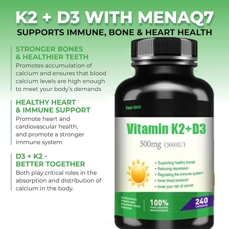 OEM/ODM/OBM Vegan Vitamin K2 Vitamin D3 Softgel Capsules Vitamin K2 MK7 Softgel 5000IU Vitamin D3 K2 Capsules Support Heart