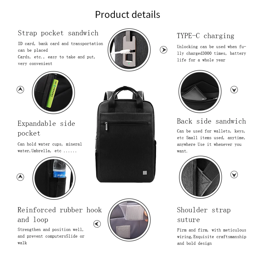 Fingerprint Lock Waterproof Outdoor Anti Theft USB Chargeable Bio lock backpack Laptop business backpack