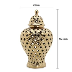 Wholesale Custom Home Hotel Decorative Modern Nordic Luxury Hollow Large Huge Big Ceramic Gold Hammered Ginger Jar Vase