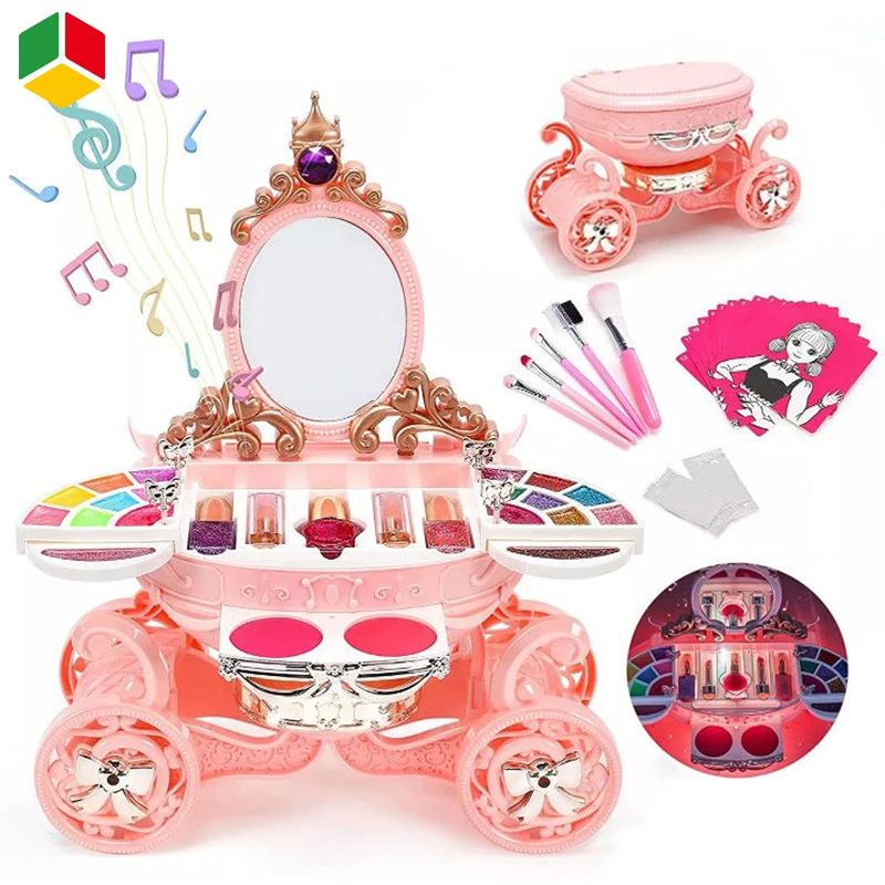 QS Luxury Fashion Beauty Set Role Play Dressing Table Real MakeUp Kit Preschool Pumpkin Car Cosmetic Toy For Girl