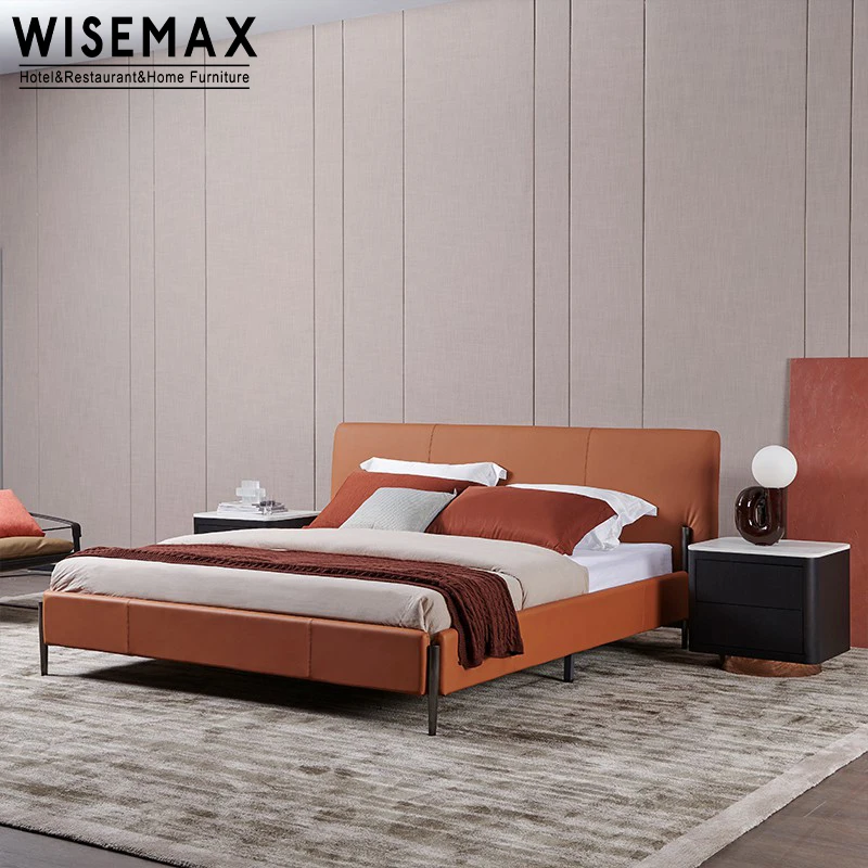 WISEMAX FURNITURE Luxury modern bedroom furniture set solid wood metal king size bed classic leather double bed for home hotel