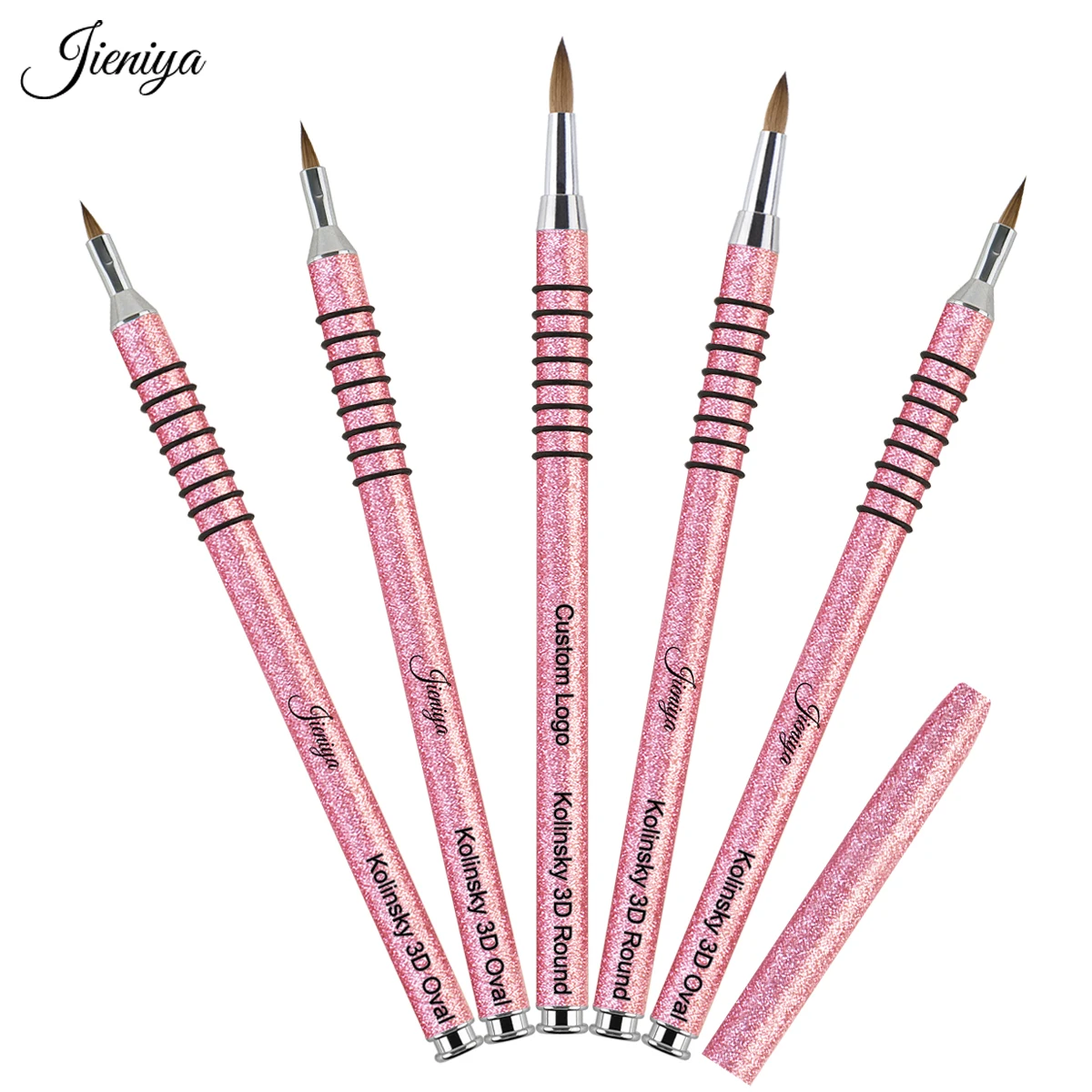 JIENIYA wholesale different size 100% kolinsky nail brush for manicure powder pink glitter non-slip Handle Sable hair 3D brush