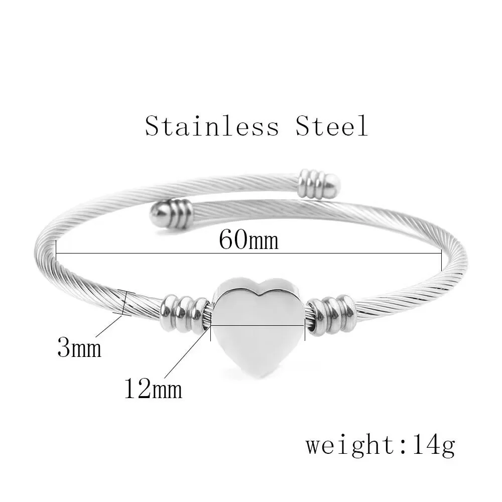 Custom letter Size Colors Titanium Steel Bracelet 26 Letter Open Model Steel Wire Braided Heart Bracelet for Wedding