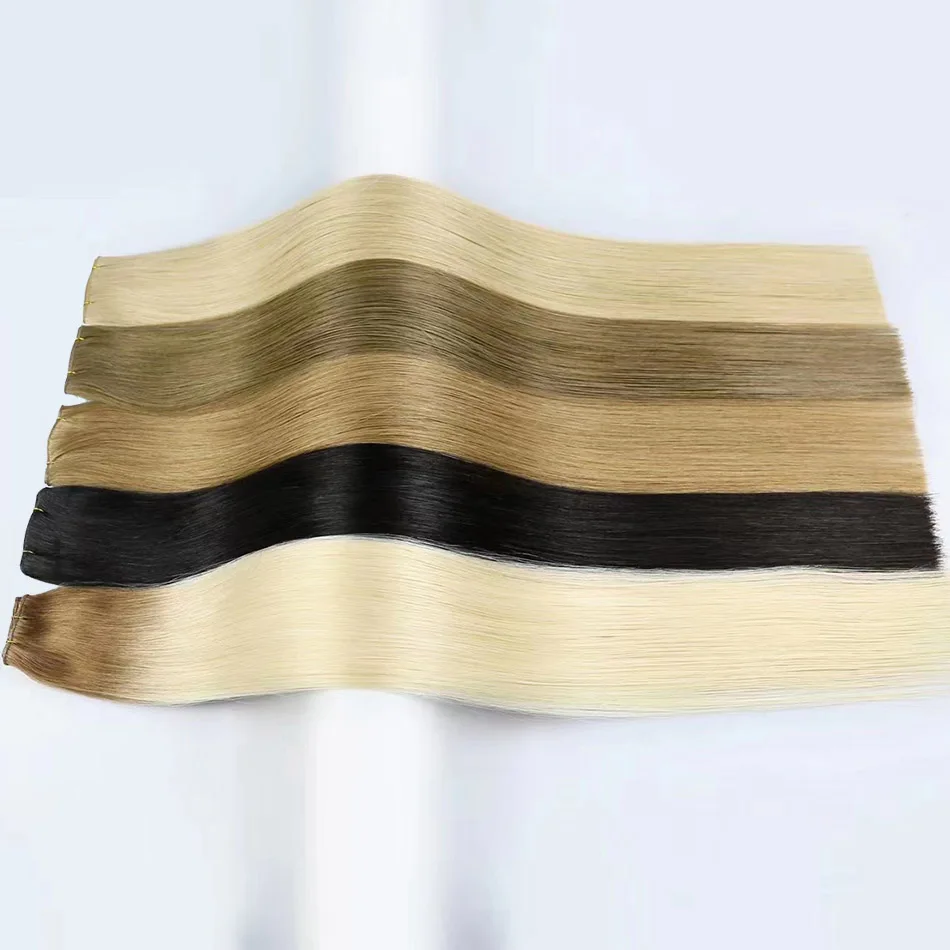 Genius Weft Hair Extensions Ash Blonde 22 Inch Weft Human Hair Extensions Highlights Platinum with Light Blonde Remy Hair Weft