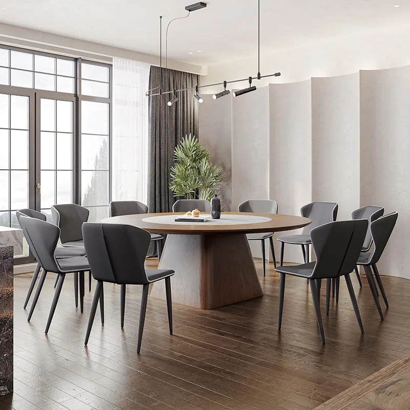 Sintered Stone Slab Dining Table Household Solid Wood Walnut Ribbon Embedded In Rotary Round Table Northern Europe Large Table