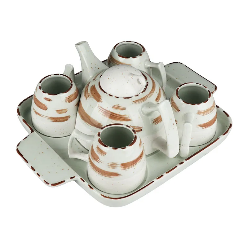 Restaurant Hotel Ceramic Tea Pot Cups Set 6Pcs Porcelain Coffee Tea Set with Tray