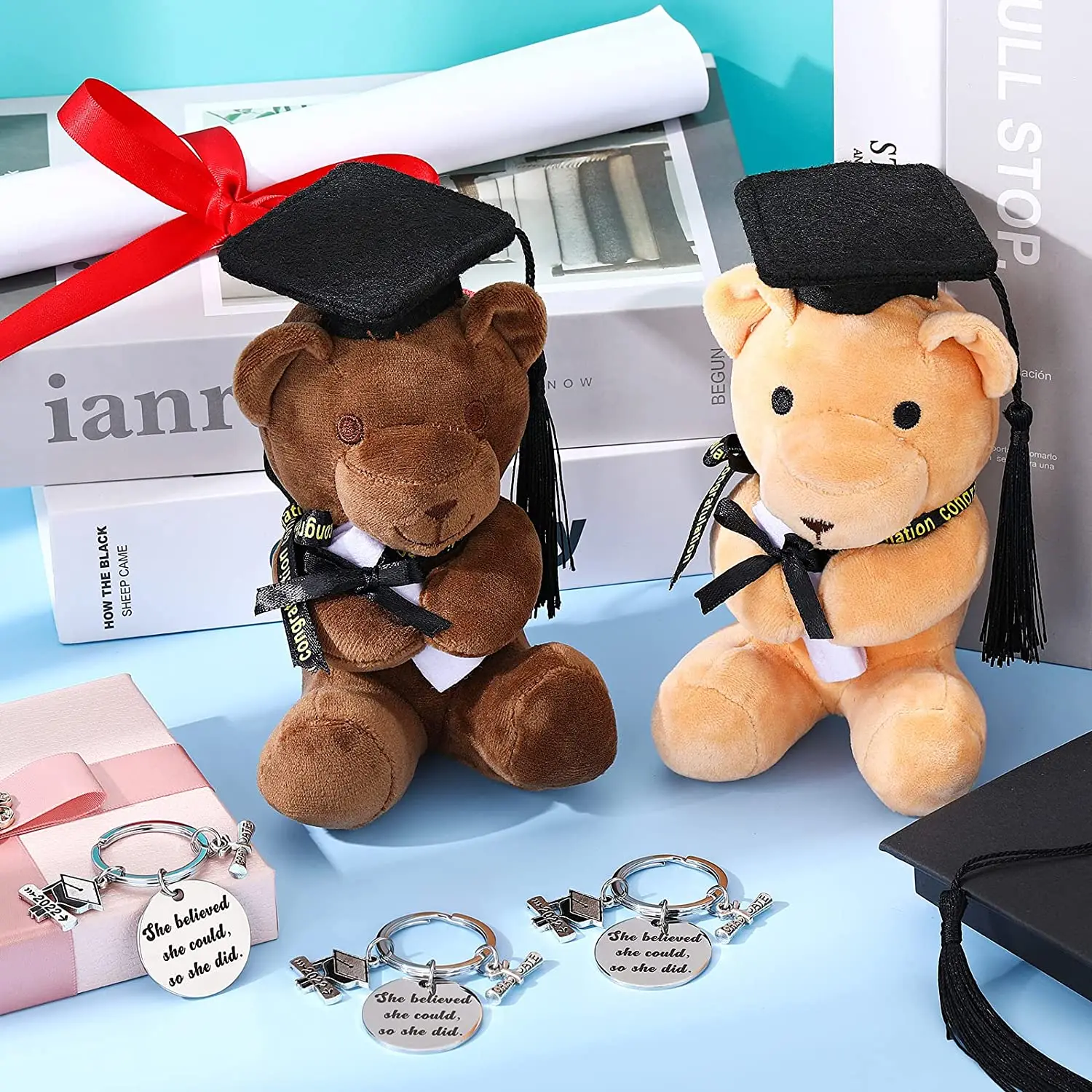 Custom Graduation Gifts Class of 2024 Stuffed Animal Bear and Inspirational Keychain Set Graduation Plush Bear