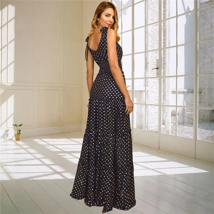 2022 Spring Summer Wave Point V-neck Sling Slim Floor-Length Black Long Dress For women Formal Open Back