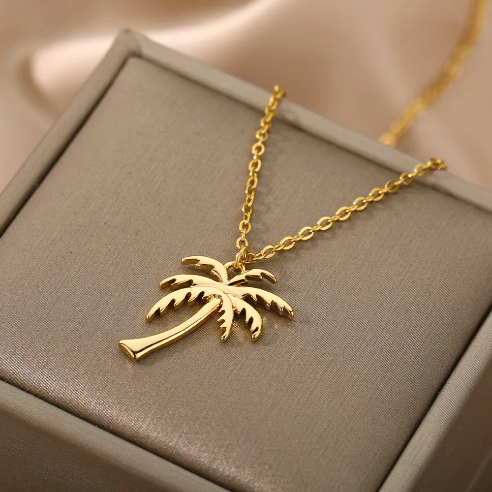 Small MOQ Wholesale Gold Plated Stainless Steel Palm Tree Necklace Coconut Pendant Jewelry