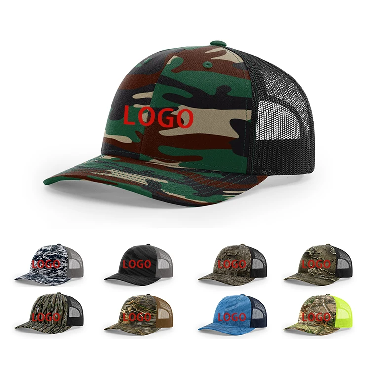 Custom 3D Embroidered Camo Trucker Hat High Quality 6-panel Richardson 112P Trucker Hats