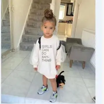
1-6 Years Fashion Children girls white long english letter printed round neck sweater kids mesh sleeve dress children clothing 