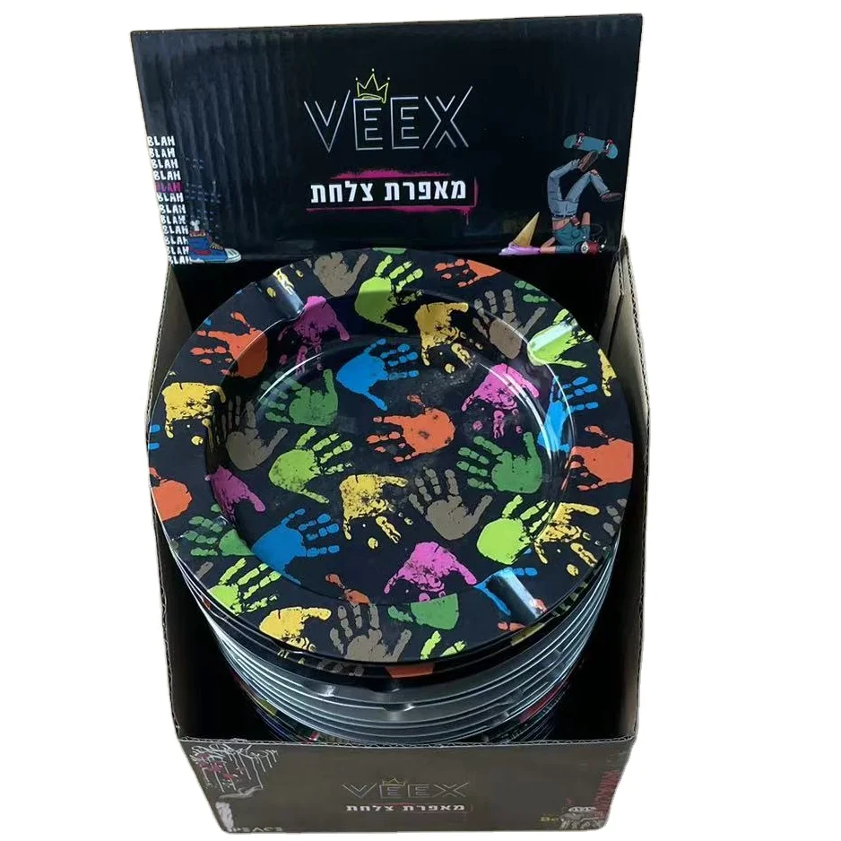 Wholesale custom printed round metal tin ashtray portable smoke ashtray with display box packaging round ahstray